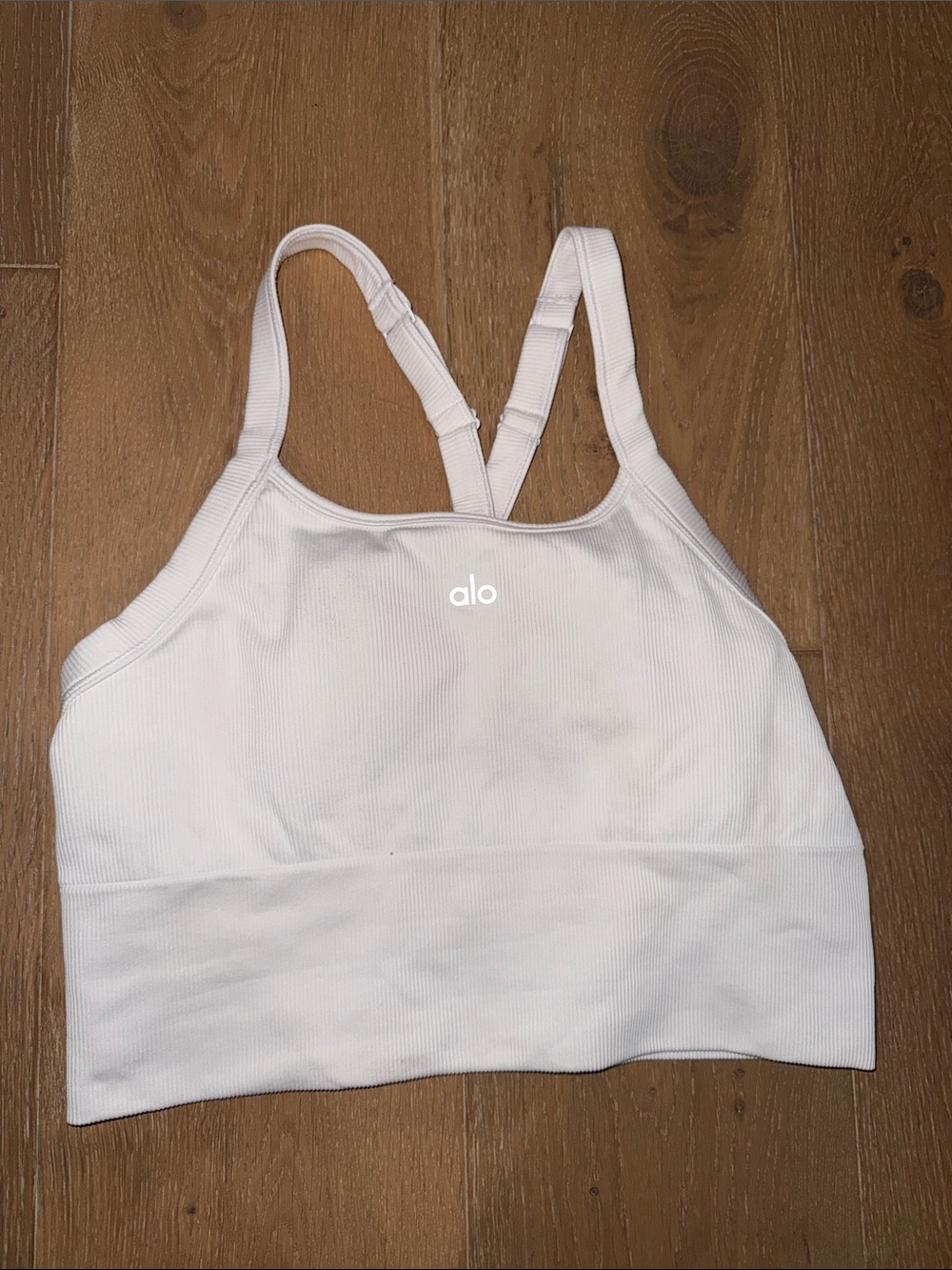 ALO Yoga White Ribbed Strappy Crop Top